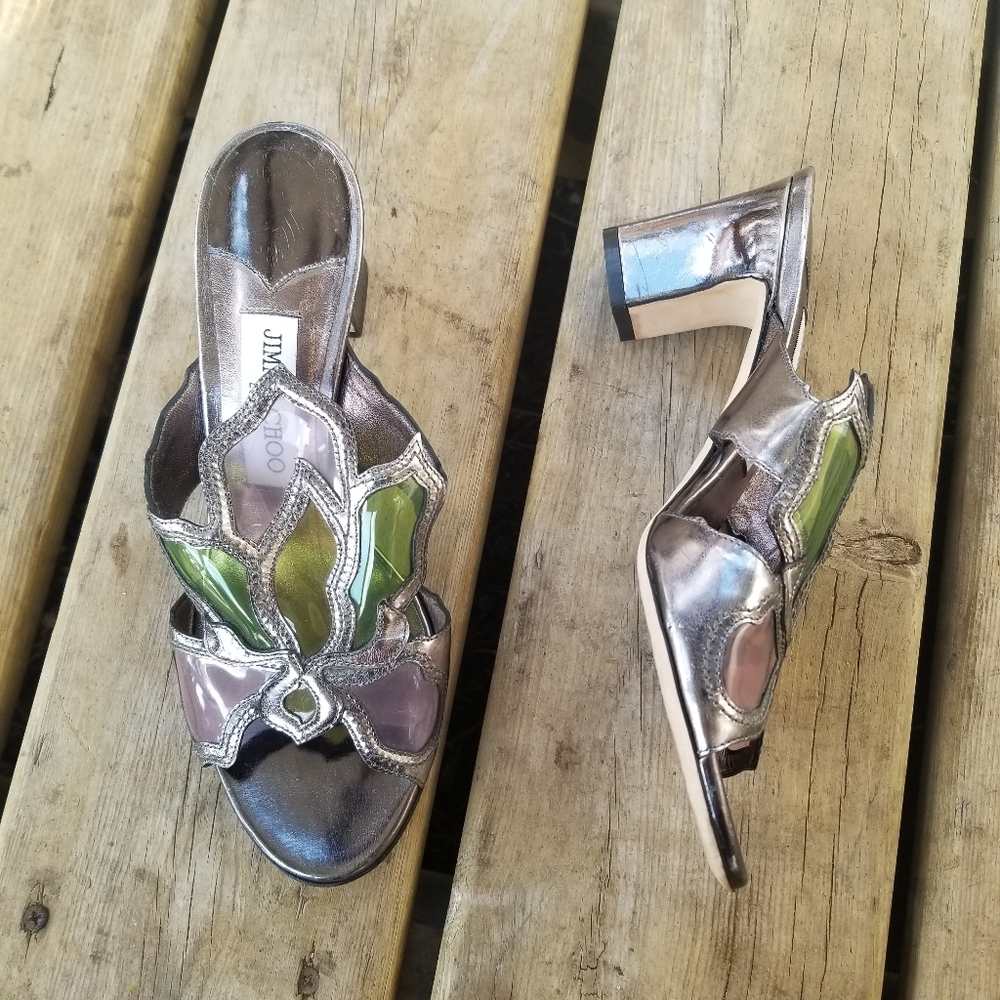 Jimmy Choo Vintage Y2K Stained Glass Floral Tulip Iris Silver Lucite Sandals 37